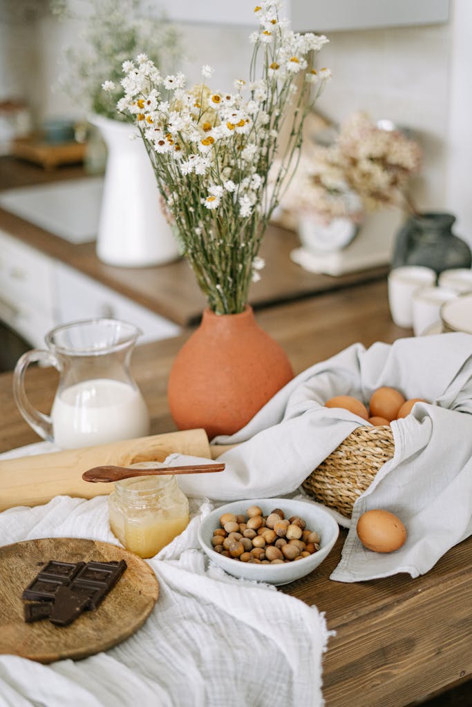 A cozy still life depicting baking preparation in a rustic kitchen setting.