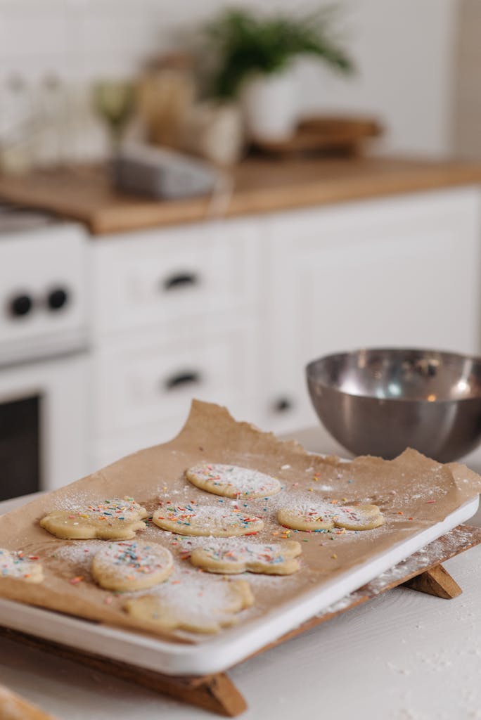 Delicious homemade cookies with sprinkles on a tray in a cozy kitchen setting.